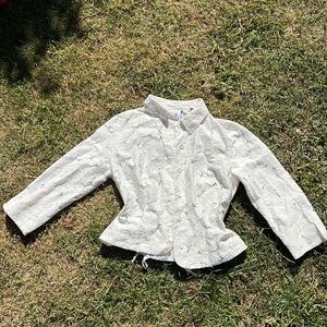 CAbi | Preppy white Button V Neck Blazer Blouse Women's cinch back